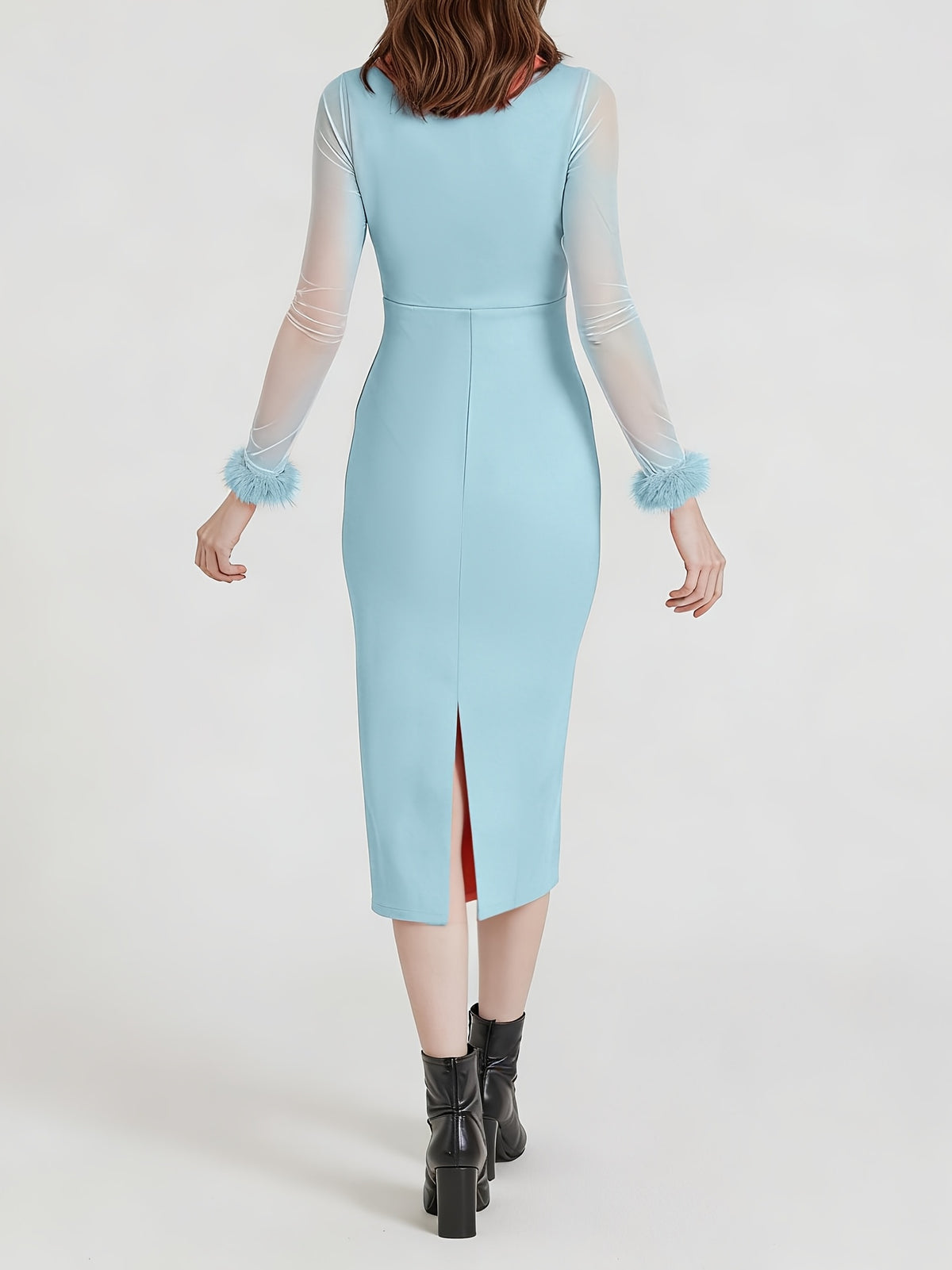European And American Style Party Dress with Long Sleeves, Deep V-Neck, Mesh Sleeves, Fitted Silhouette, And a Slit, Perfect for Party Occasions - Sky Blue