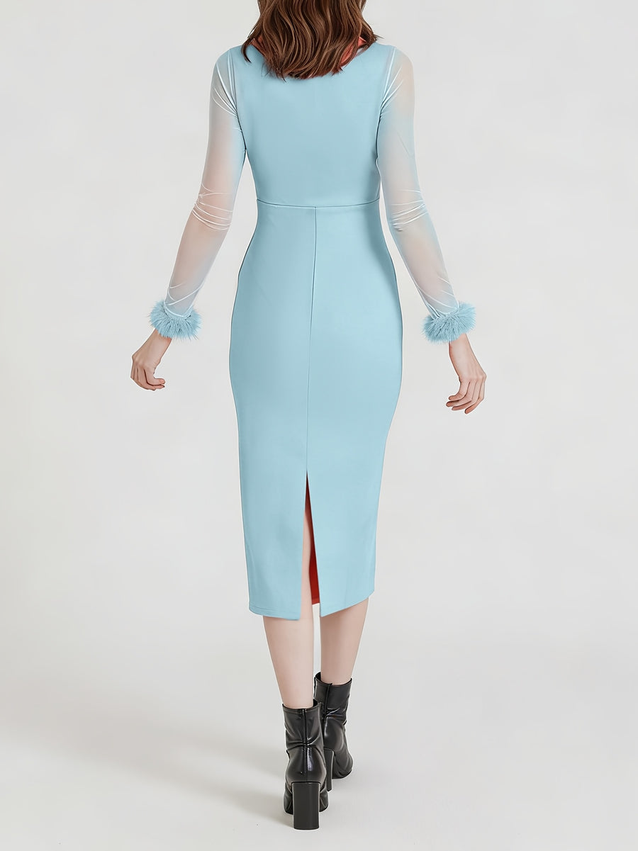 European And American Style Party Dress with Long Sleeves, Deep V-Neck, Mesh Sleeves, Fitted Silhouette, And a Slit, Perfect for Party Occasions - Sky Blue