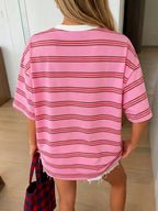 Striped Print Summer Women'S Clothing, Y2K Cute T-Shirt, Spring And Summer Casual Women'S Top, Oversized Loose Round Neck Short Sleeve T-Shirt - Red