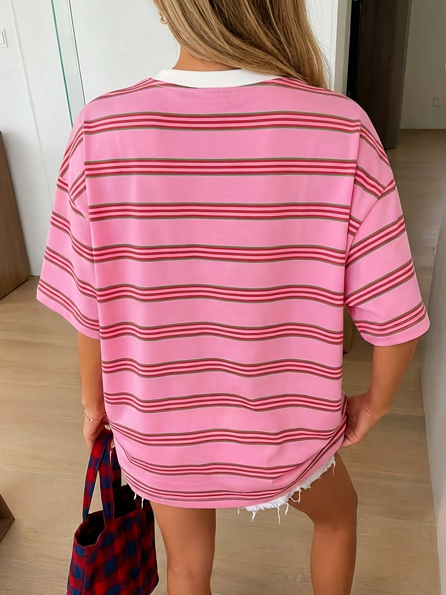 Striped Print Summer Women'S Clothing, Y2K Cute T-Shirt, Spring And Summer Casual Women'S Top, Oversized Loose Round Neck Short Sleeve T-Shirt - Red