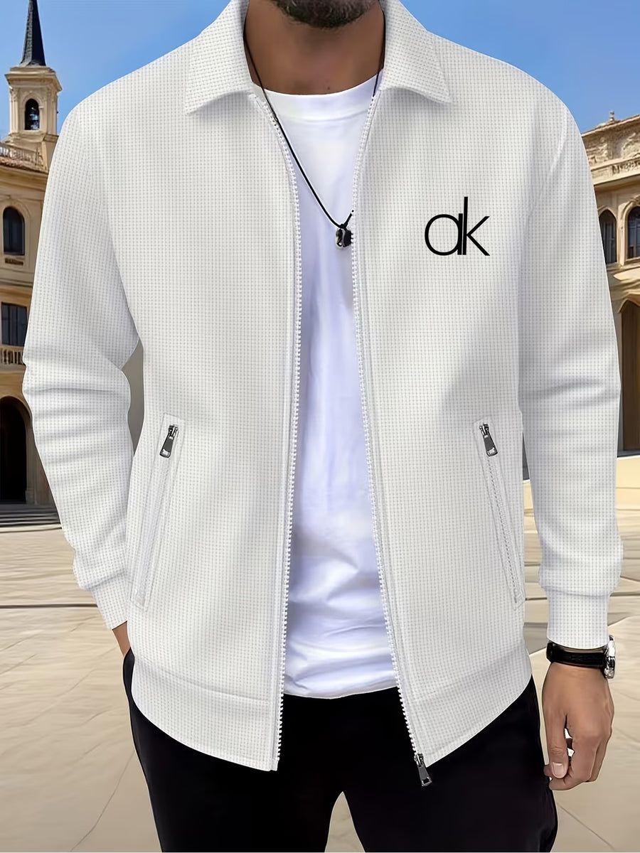 Men'S Waffle Texture Lapel Jacket - Minimalist Letter Print - Premium Texture And Layered Feel - Soft, Breathable, Comfortable, Versatile - Functional Pockets for Storage - Ideal for Business Commute, Casual Wear, And Travel - White