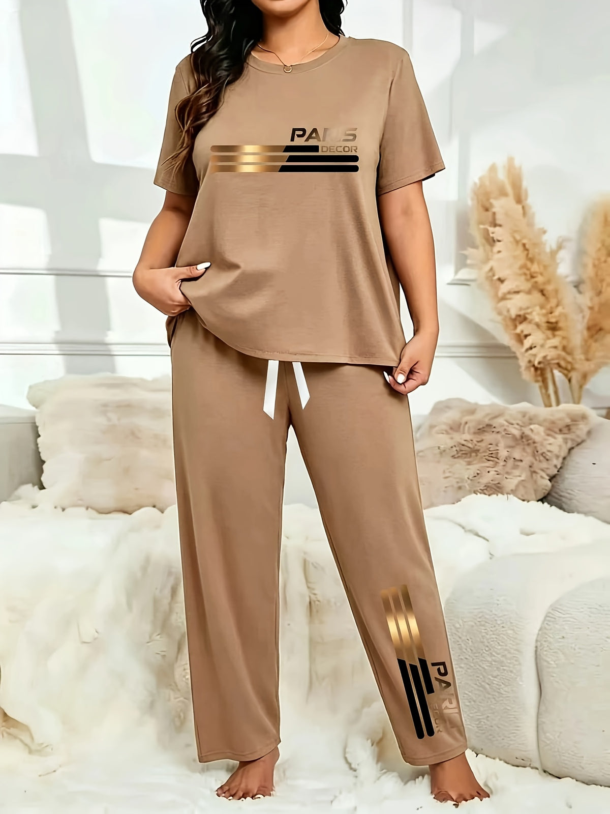 New Product, New Fashion, High-End, Elegant, Comfortable And Casual Plus-Size Women'S Two-Piece Set, Fashionable And Trendy, Boutique Versatile, Stylish Item, Women'S Plus-Size Two-Piece Set (T-Shirt And Bow Long Pants) - Khaki