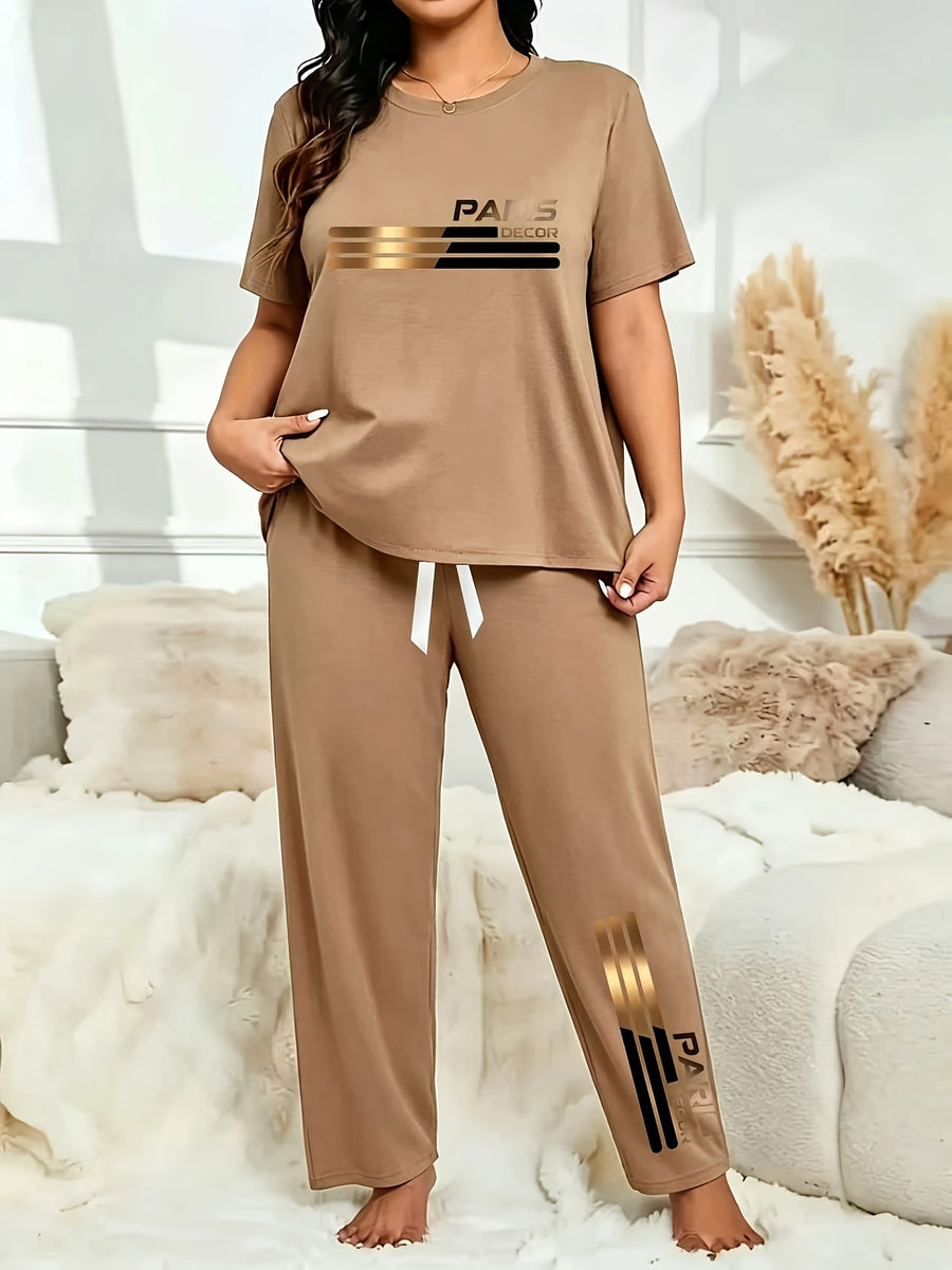 New Product, New Fashion, High-End, Elegant, Comfortable And Casual Plus-Size Women'S Two-Piece Set, Fashionable And Trendy, Boutique Versatile, Stylish Item, Women'S Plus-Size Two-Piece Set (T-Shirt And Bow Long Pants) - Khaki