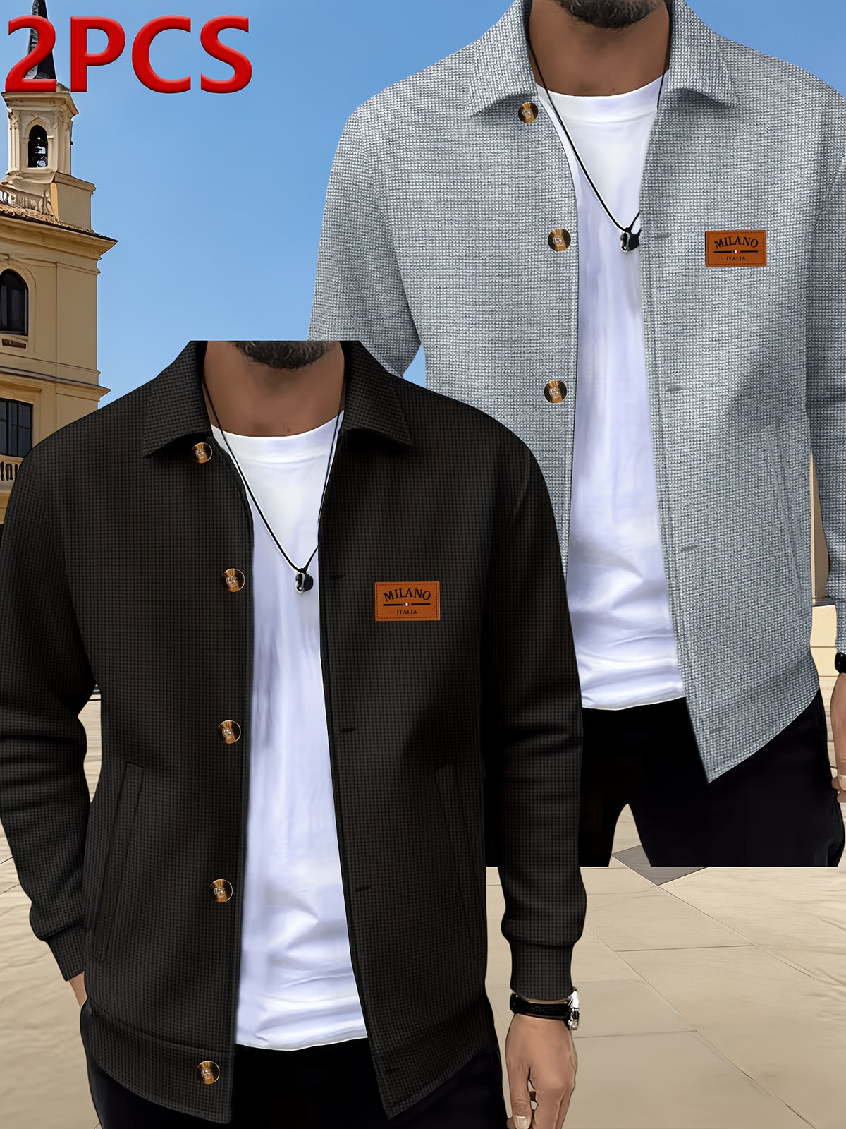 Men's 2pcs Waffle Knit Lapel Jacket, American Light Mature Casual Style, Two-Tone Textured Fabric, Vintage Amber Button Placket, Side Slant Pockets, Versatile Outerwear for Young and Middle-Aged Men for Commuting, Shopping, Outdoor Outings, and Daily - Black+gray