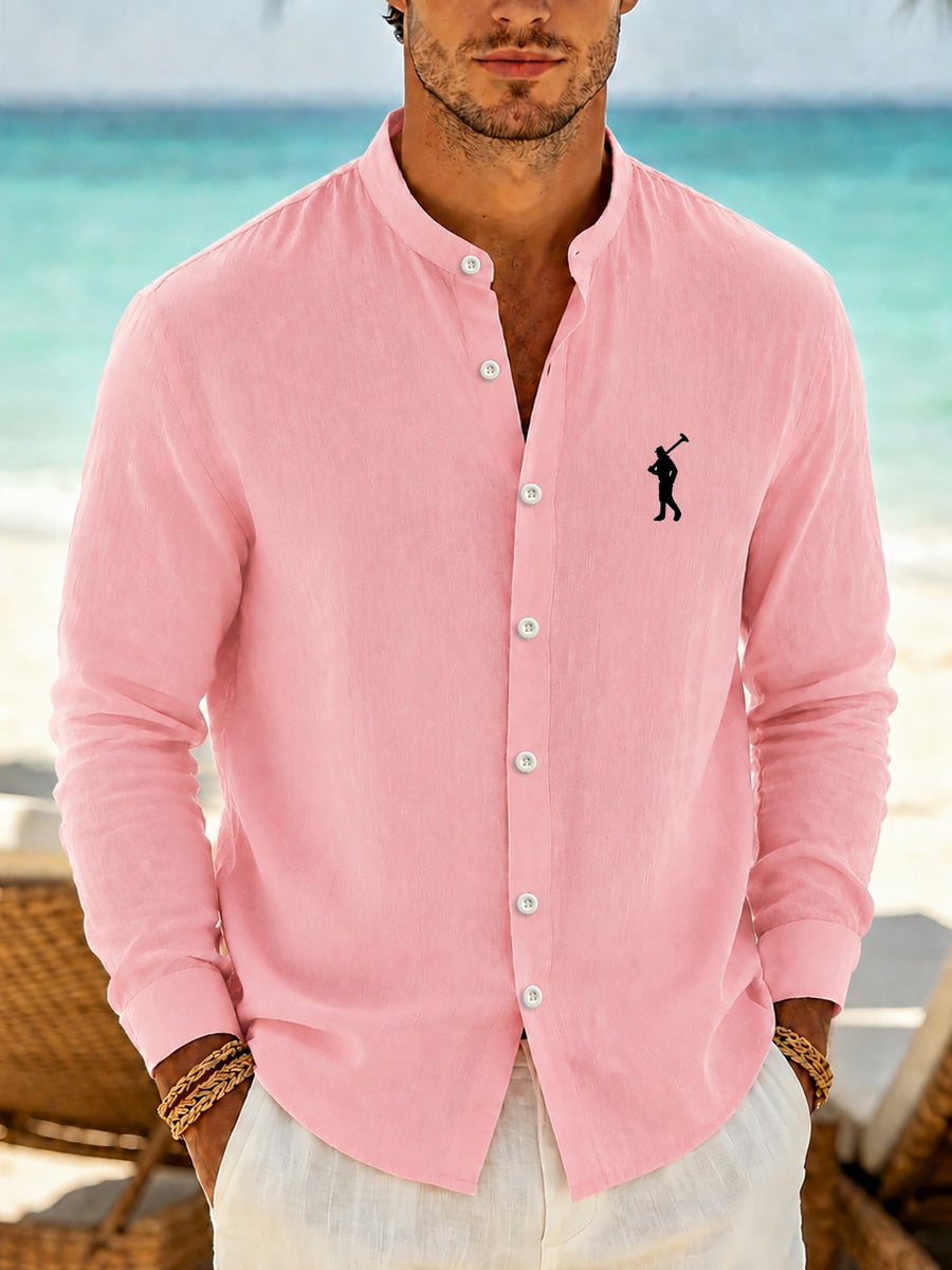 Men'S Faux Linen Long Sleeve Shirt - Lightweight Button-Up Stand Collar Formal to Casual Style, Golfer Embroidered Pattern, Suitable for Beach, Office, Party Business, Daily Trendy Wear, Machine Washable Fashion Shirt - Pink