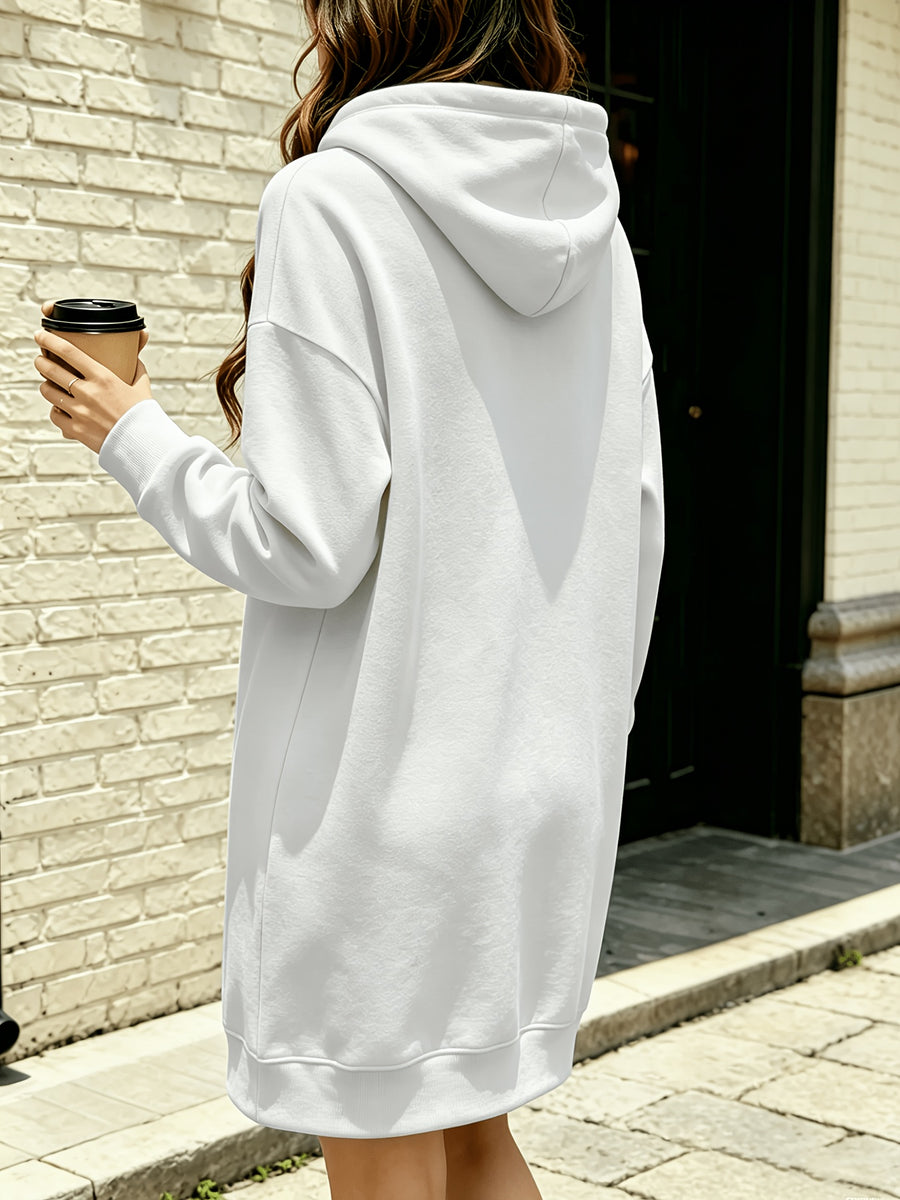 Letter Print Hooded Sweatshirt Dress Women'S Oversize Loose Mid-Length Three-Bar Sweatshirt Dress Autumn And Winter Casual Versatile Style - White