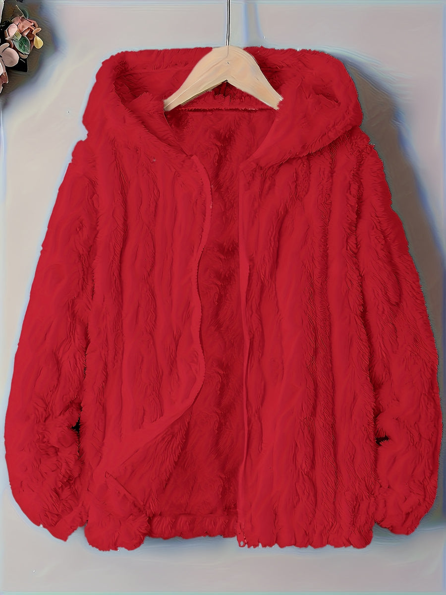 Plus Size - Autumn Winter Warm Thick Fleece Hooded Sweatshirt, Loose Casual Jacket, Coral Fleece Material, Plus Size Women'S Jacket/Winter Coat, Plus Size Women'S Outerwear, Elegant Women'S Shawl - Red