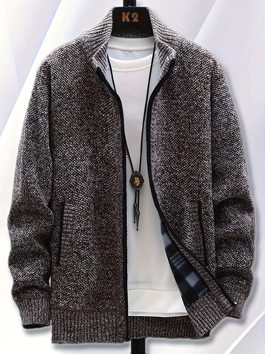 1pc Single Piece Men'S Autumn And Winter Stand Up Collar Knitted Sweater Jacket, Autumn And Winter Knitted Sweater Zipper Cardigan, Casual Thick Warm Sweater Jacket (Solely Includes 1 Jacket) - Coffee Color
