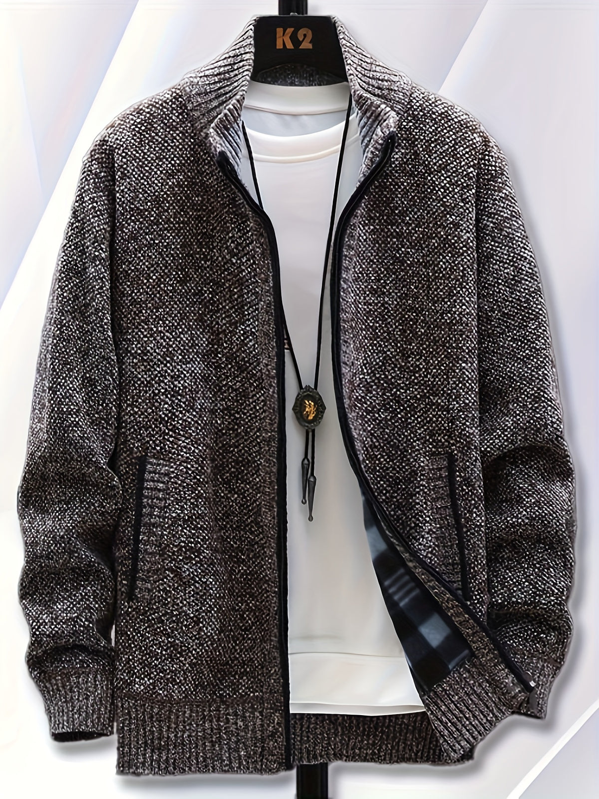 1pc Single Piece Men'S Autumn And Winter Stand Up Collar Knitted Sweater Jacket, Autumn And Winter Knitted Sweater Zipper Cardigan, Casual Thick Warm Sweater Jacket (Solely Includes 1 Jacket) - Coffee Color