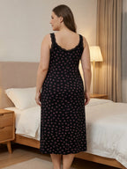 Large Size Women'S Black Printed Camisole Dress | Cute Bow, Casual Loose Fit, Elegant Nightgown, Sleeveless, Crew Neck, Medium Stretch Fabric - Black