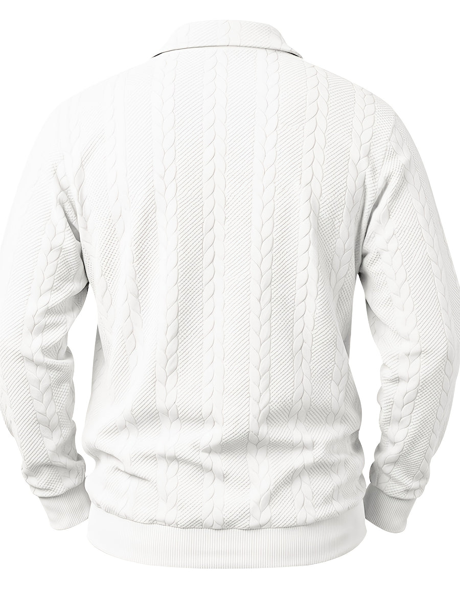 1pc Autumn Men'S Long Sleeve Plaid POLO Shirt Solid Stripe Retro Style Outdoor Sports Casual Pullover Top - White