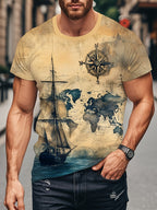 Men's Digital Print T-Shirt, Short-Sleeve Printed Tee, Nautical Sailboat and Map Background Pattern Print, Summer Fashion Streetwear Casual Sportswear for Men - Mixed colors