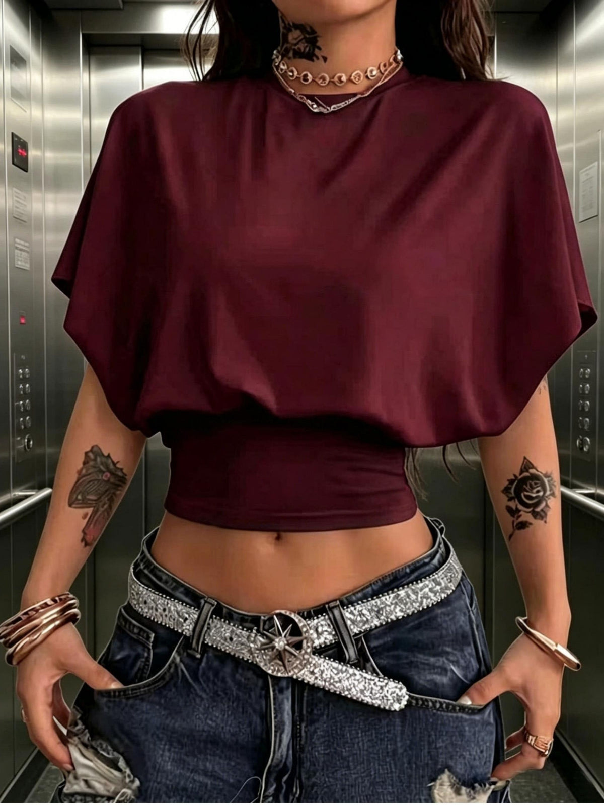 BK260403040 Women's Fashion Spring/Summer New Arrival, Stylish and Elegant, Solid Color No Print, Casual Versatile Waist-Cinching T-Shirt, Essential Basic Style—Suitable for Daily Spring/Summer Wear,, Beach, Vacation, and Home - Burgundy
