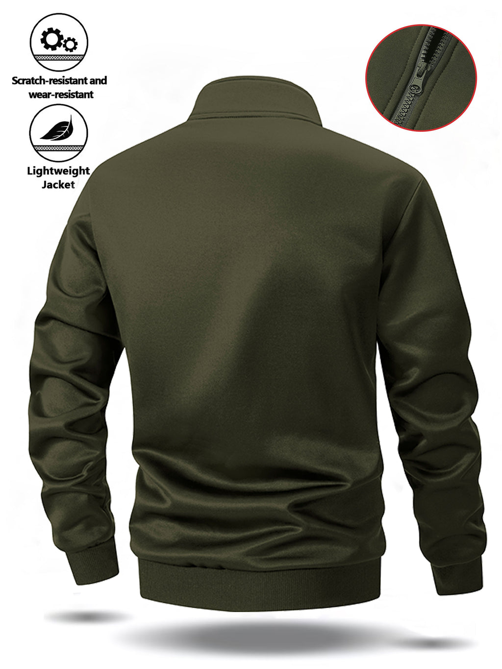 Easy Men'S Stand-Collar Sports Cardigan, Two-Tone Contrast Striped Stiff Jacket with Minimalist Chest Line Print, Suitable for Outdoor Camping Hiking Fitness Daily Commute Long-Sleeve Jacket - Military green1