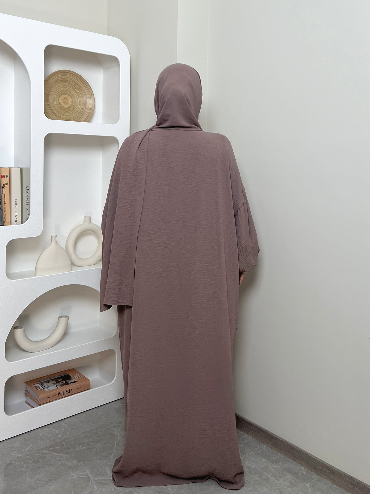 IRONFREE Elegant Crepe Hooded Abaya Hijab with Attached Scarf & Pockets - Modest Long Sleeve Full Coverage Prayer Dress, Machine Washable Medium Stretch Solid Color All-Season Traditional Muslim Women's Clothing, Muslim Clothes, Modest Apparel, Medium - Pale Pinkish Gray