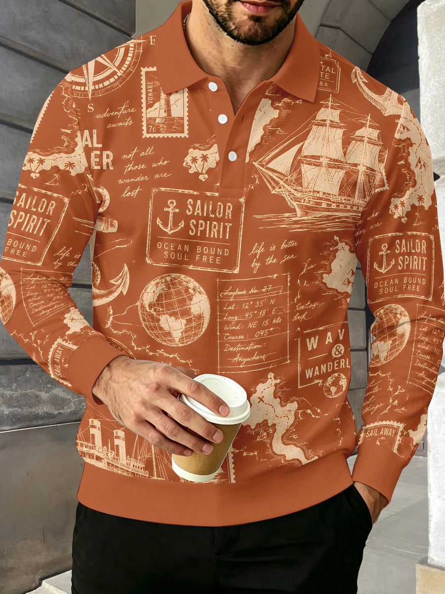 Men's Contrast Color Long Sleeve Polo Shirt, Lapel Collar Three-Button Casual Top with Vintage Nautical Manuscript Print, Versatile Men's Apparel for Spring/Autumn Business Commuting and Golf, Surprise Birthday/Holiday Gift for Young Men - Mixed Color E