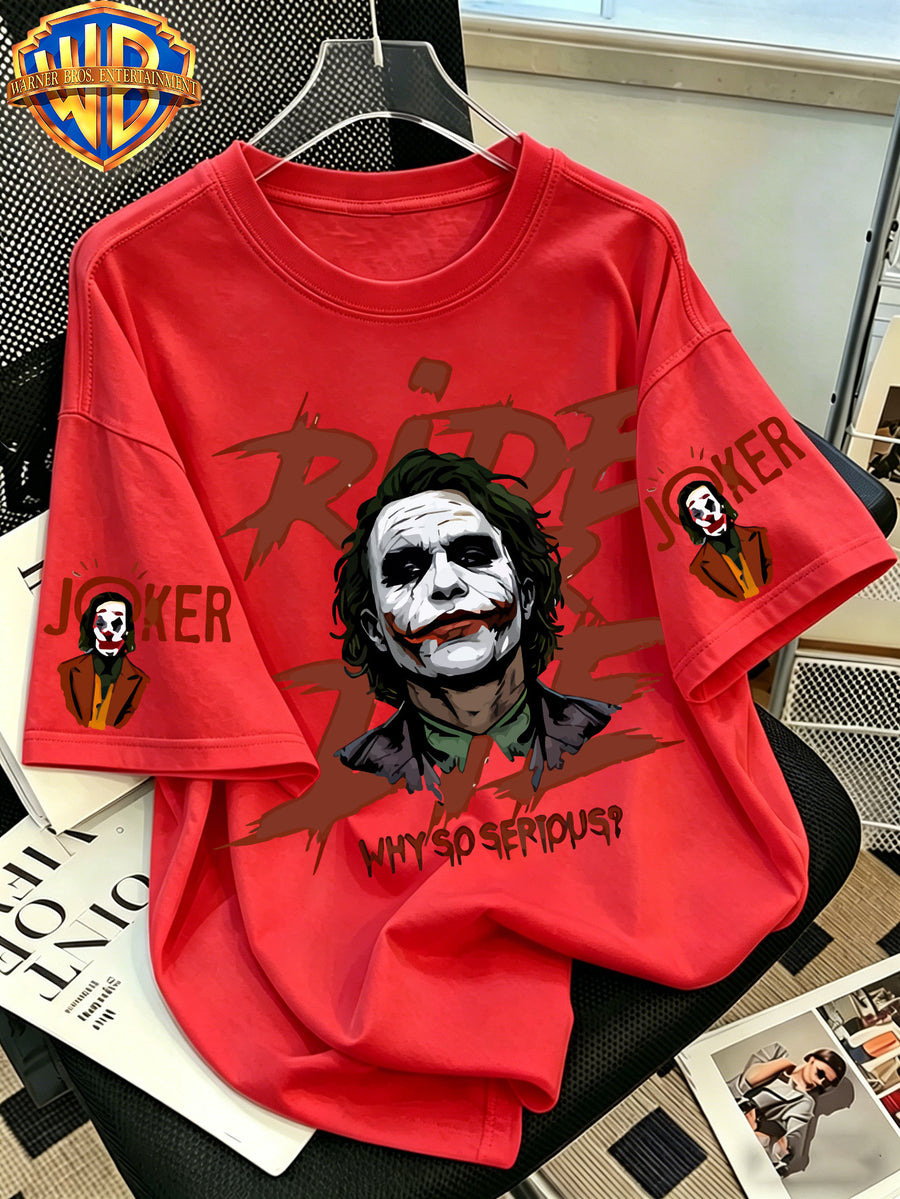 Warner Bros. Official - Batman Dark Knight Heath Ledger Joker Printed T-Shirt, Men'S 100% Casual And Comfortable Multi Functional Loose Summer Short Sleeved T-Shirt, Suitable for Outdoor And Daily Wearing - Red