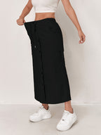 Outdoor Quick-Dry Cargo Skirt Button Design High-Waist Casual Women'S Half Skirt Multi-Pocket Machine Washable Mid-Length Dress - Black