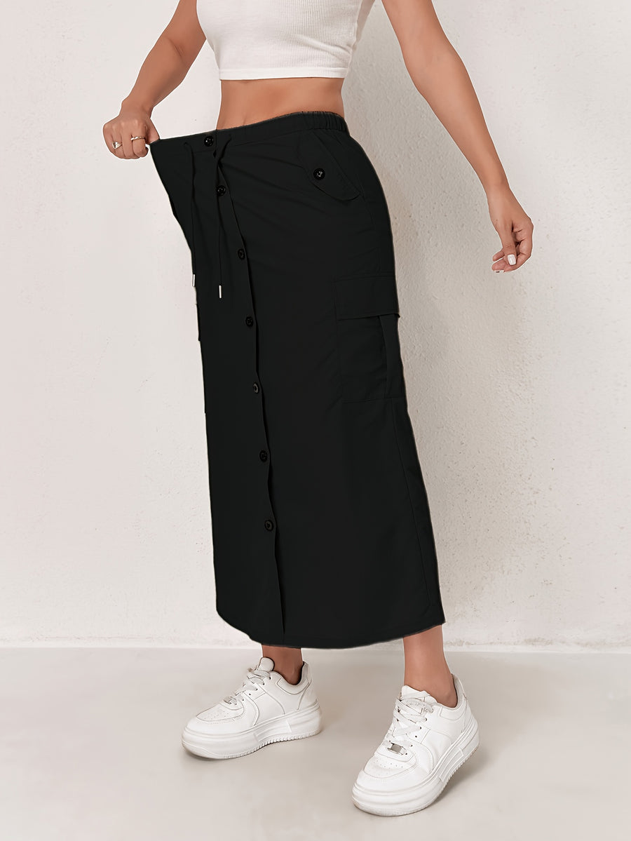 Outdoor Quick-Dry Cargo Skirt Button Design High-Waist Casual Women'S Half Skirt Multi-Pocket Machine Washable Mid-Length Dress - Black