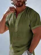 Men'S Stylish Polo Collar Linen Breathable Comfortable Casual Short-Sleeve Shirt - fern green