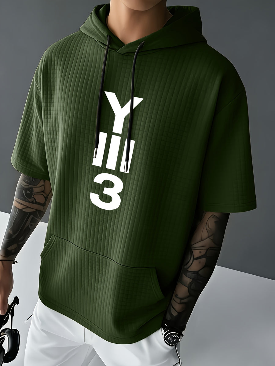 Y3 Men's Waffle Knit Short Sleeve Hooded Sweatshirt with Comfortable Print and Drawstring, Short Sleeve T-Shirt with Pocket, Summer Casual Fashion Men's Apparel, Suitable for Outings and Home Wear, Suitable for Daily and Formal Wear, Simple Summer - Army Green