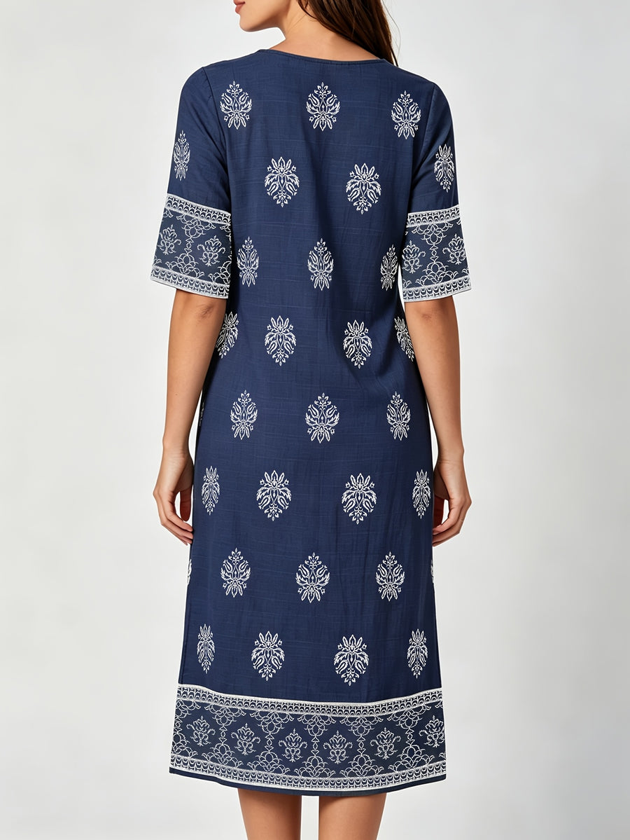 V-neck Short-sleeve Ethnic Print Dress with Slit Hem, Holiday Travel Beach Dress - Navy Color