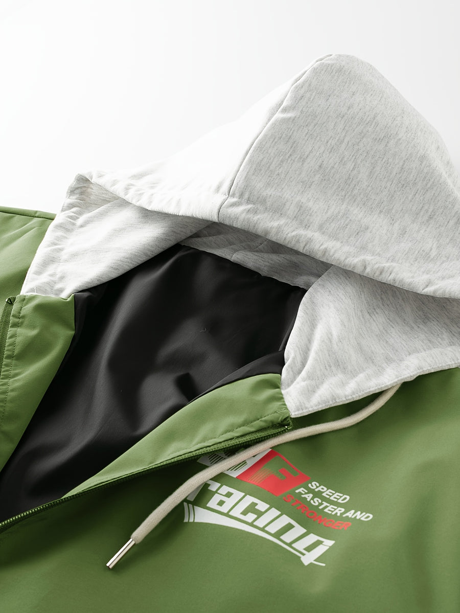 Fashion Casual Men'S Contrast Color Hooded Cardigan Long Sleeve Jacket, Letter Print, Comfortable And Versatile, Suitable for Autumn Winter JK5682, Sporty, Breathable, Regular Fit, Daily - Bright Green