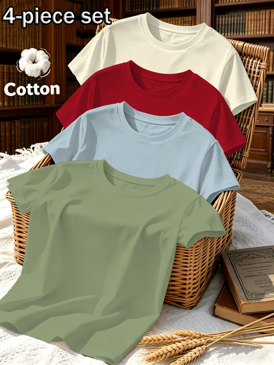4pcs Set, Spring/Summer 4pcs Set, Solid Color Crew Neck Fashionable Simple Sweet Loose Short Sleeve T-Shirt, Summer/Spring Women's 4pcs Top Set - Army Green + Light Blue + Red + Light Apricot Beige