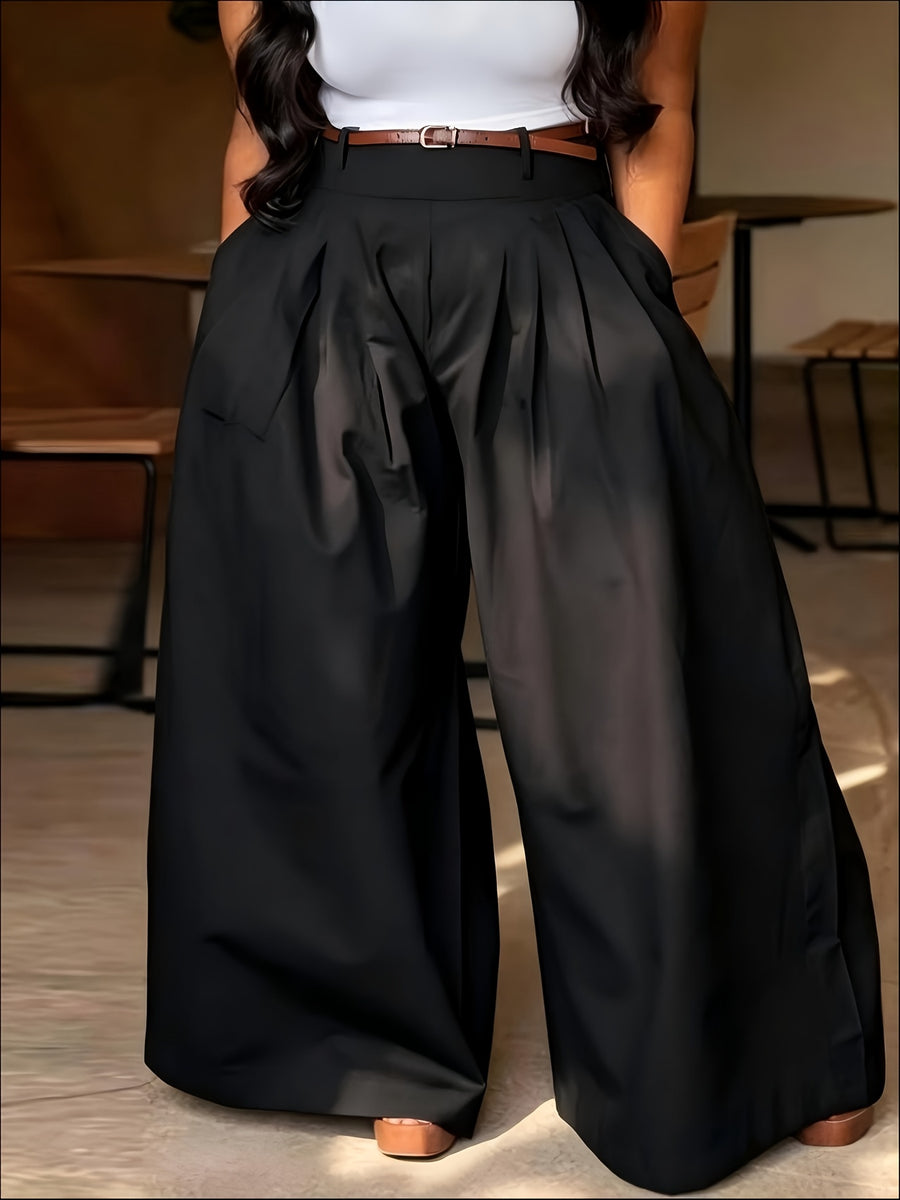 Women's Elastic High-Waisted Loose Fit Casual Trousers with Belt - Black
