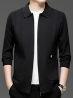 Du Jing Lan OBM Spring/Autumn New Arrival Men's Knitted Cardigan, Old Money Style Solid Color Striped Zipper Front Lapel Knit Cardigan, Men's Business Casual Fashion Zipper Front Knit Cardigan Top, Suitable for Spring, Autumn, and Winter - Black