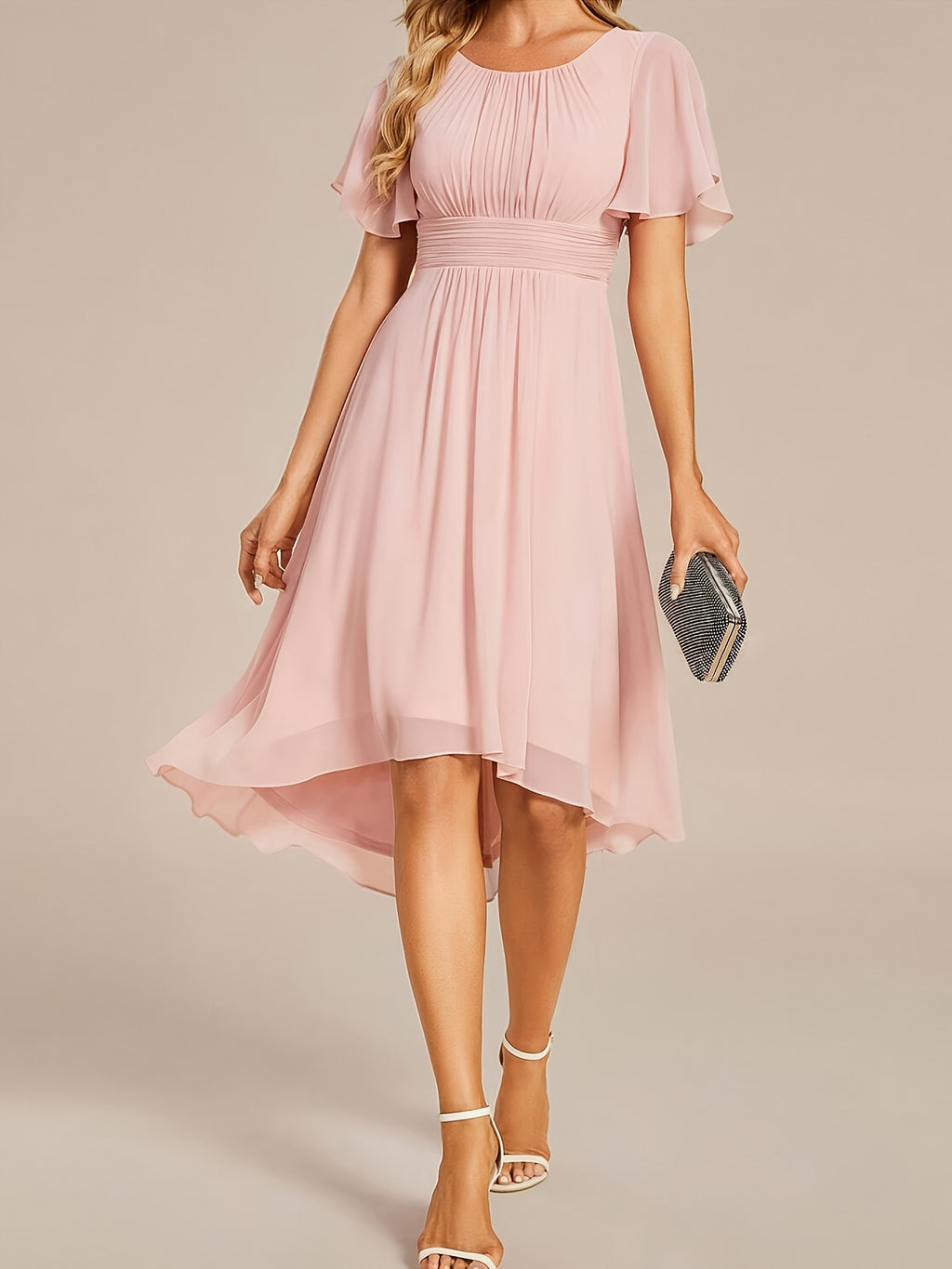 Elegant Pleated Sleeve Formal Bridesmaid Dress Formal Wedding Guest Dress - Pink