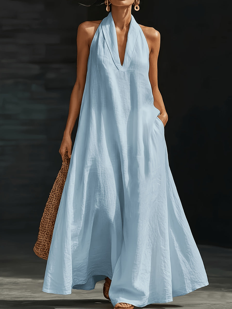 Women's Summer V-Neck Linen-Look Maxi Dress with Hidden Pockets - Sky Blue