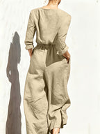 Summer New Fashion Casual Double Pocket Women's Jumpsuit with Button Detail for Vacation - Apricot