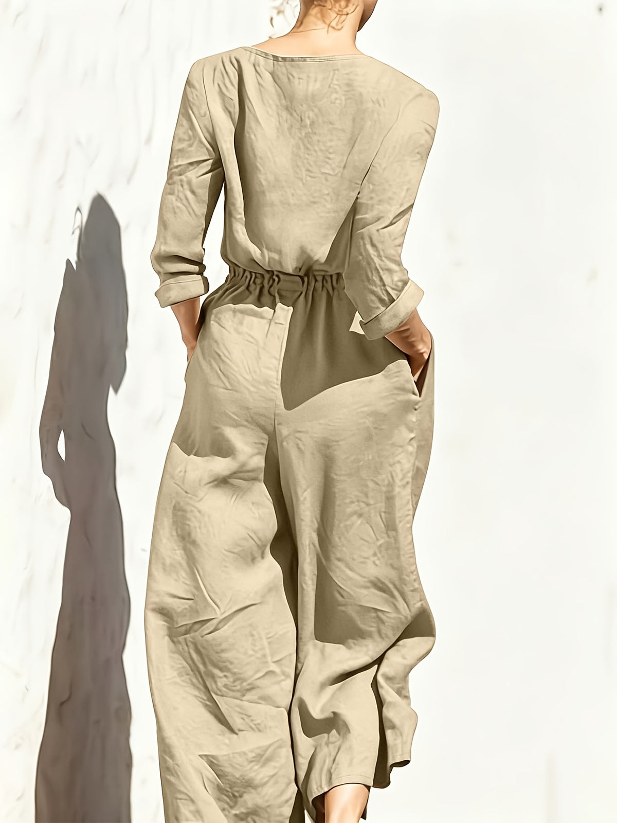 Summer New Fashion Casual Double Pocket Women's Jumpsuit with Button Detail for Vacation - Apricot