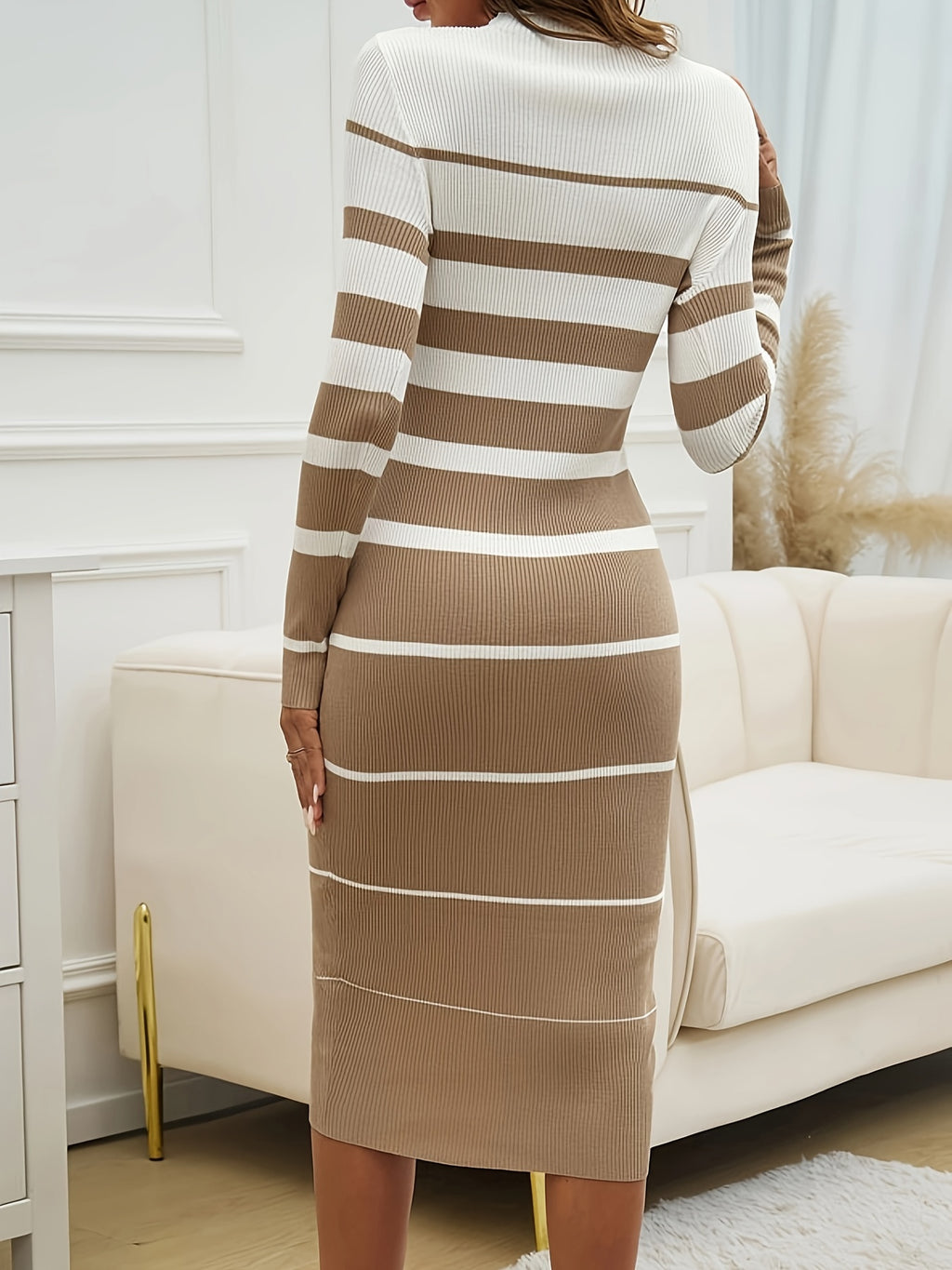 Autumn/Winter Thick Sweater Dress with Round Neck, Long Sleeves, Slim Fit, Hip-Hugging Maxi Dress, Elegant Temperament, Contrast Color Striped Inner Layer Fabric Dress - Khaki