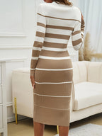 Autumn/Winter Thick Sweater Dress with Round Neck, Long Sleeves, Slim Fit, Hip-Hugging Maxi Dress, Elegant Temperament, Contrast Color Striped Inner Layer Fabric Dress - Khaki