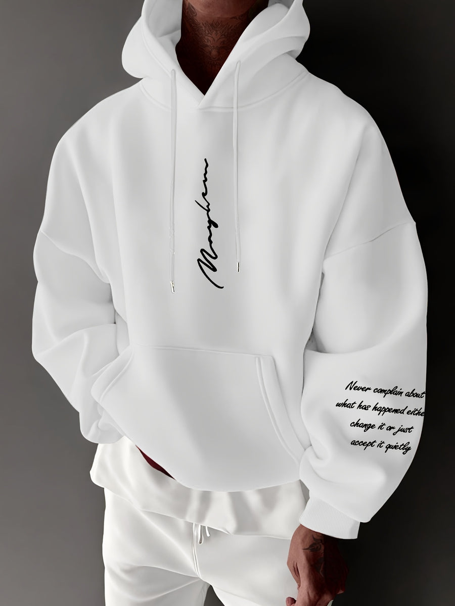Men's Autumn/Winter Letter Print Pattern -Lined Hooded Sweatshirt, Versatile Sporty Casual Loose Fit Hoodie - White
