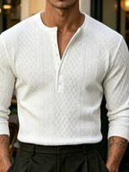 [Josh Mei OBM] Fall Winter Men'S Diamond Jacquard Henley Long Sleeve Sweater, Half-Button Placket Slim Fit Versatile Pullover Top, Suitable for Office, Street And Weekend Casual Wear Soft Knit Top, Multi-Color Options - White