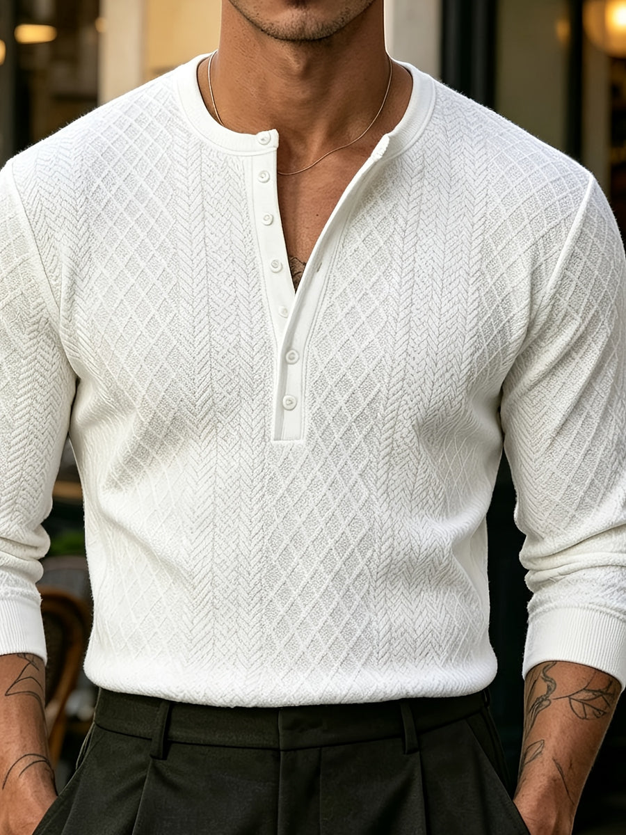 [Josh Mei OBM] Fall Winter Men'S Diamond Jacquard Henley Long Sleeve Sweater, Half-Button Placket Slim Fit Versatile Pullover Top, Suitable for Office, Street And Weekend Casual Wear Soft Knit Top, Multi-Color Options - White
