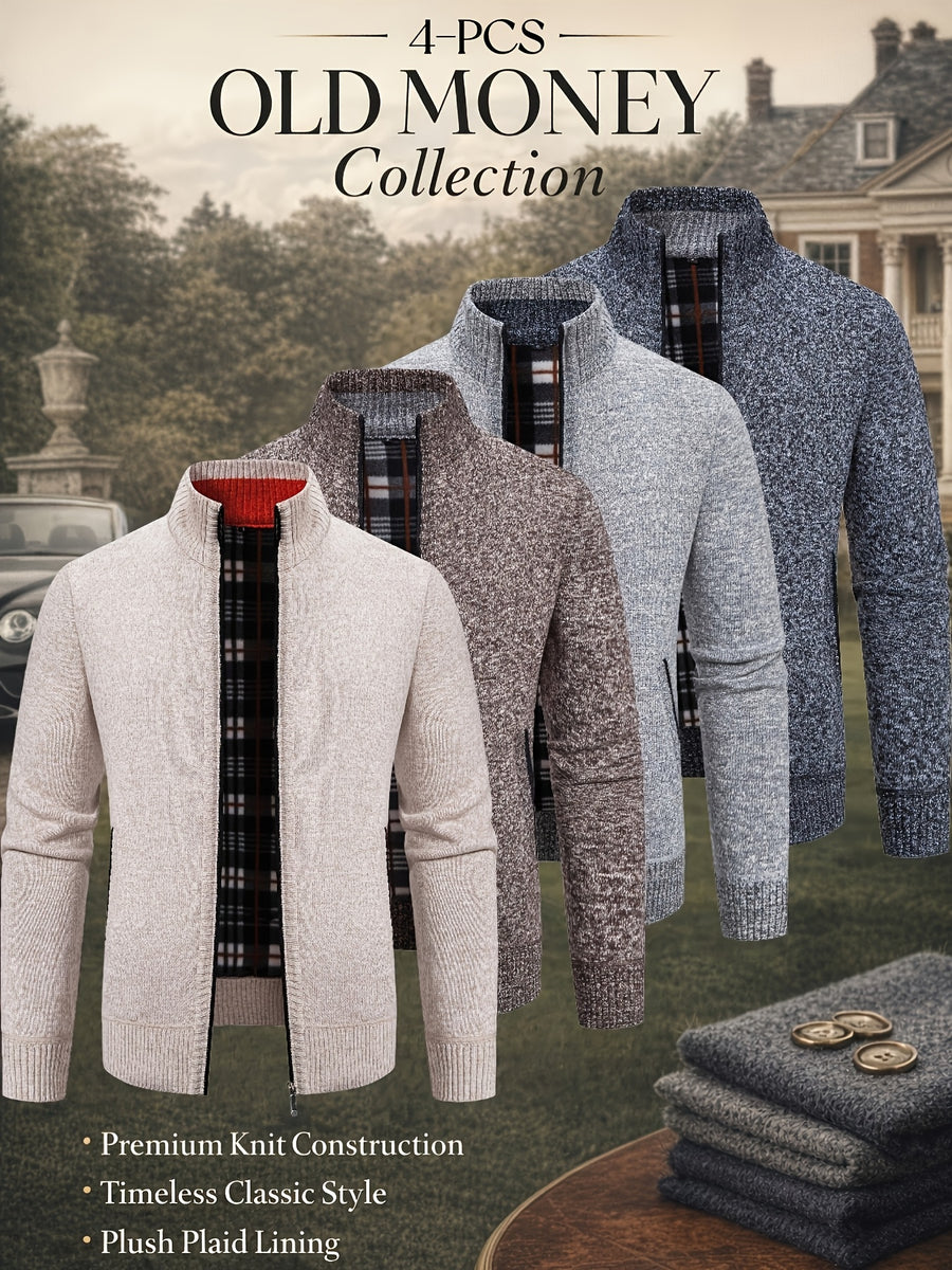 Men'S Cardigan Set from The Old Qian Brand with 4pcs — Made from Premium Knitted Material, Featuring a Classic Design That Is Warm, Fashionable, And Adaptable for Different Events - Dark Gray + Light Gray + Brown + Apricot
