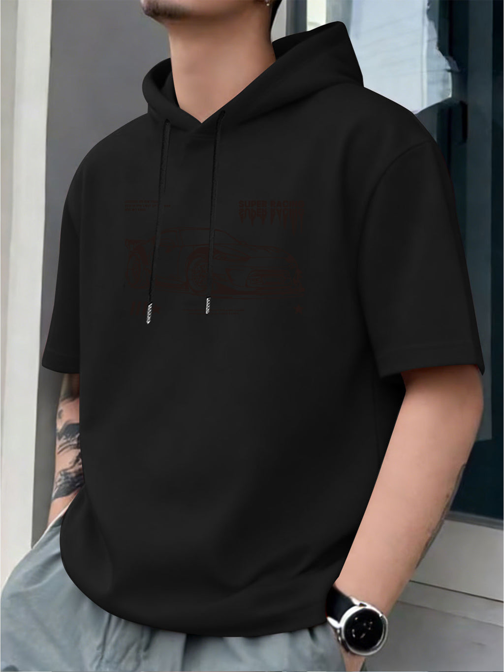 Racing Print: Hot-Blooded Personality Style Men's Hoodie T-Shirt, Novel Casual Short-Sleeve Hooded Tee, Loose-Fit Hooded Short-Sleeve Printed Top, Versatile Men's Casual Knit Shirt, Summer Outdoor Casual Black Short-Sleeve, Vintage Fashion Trendy - Black