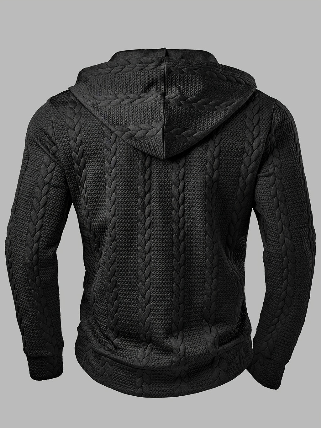 Men's Fashion Jacket, Autumn/Winter Wheat Ear Texture Jacquard Fabric with Random Pattern, Hooded Drawstring Long Sleeve Pullover with Arm Pocket Patchwork - Black
