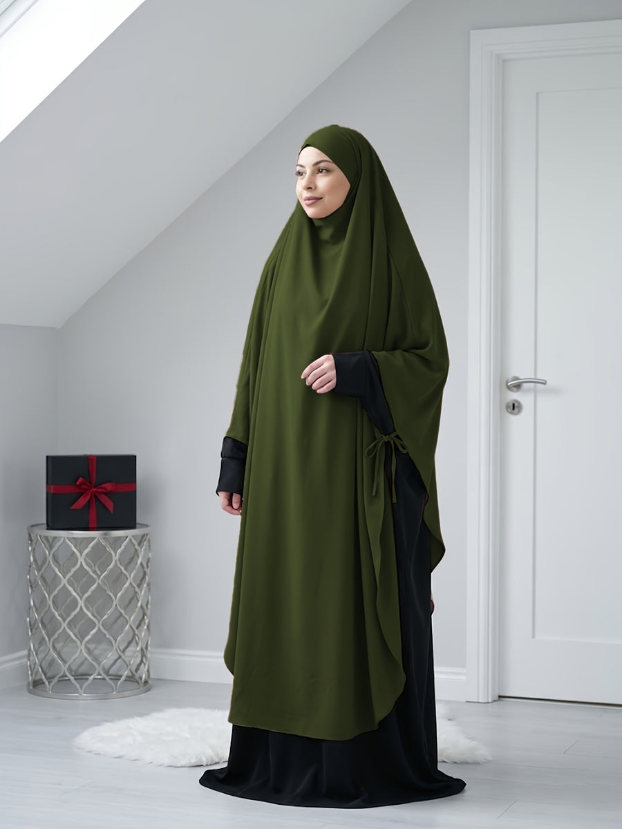 Solid Color Nidaga Prayer Jilbab. The Fabric Is Skin-Friendly And Breathable, Suitable for Women to Wear And Pray Everyday. Robe Abaya (One-Piece Khimar) with Strong Drape, Loose Fit, Ideal for Busy Daily Use Or Prayer - Olive Green