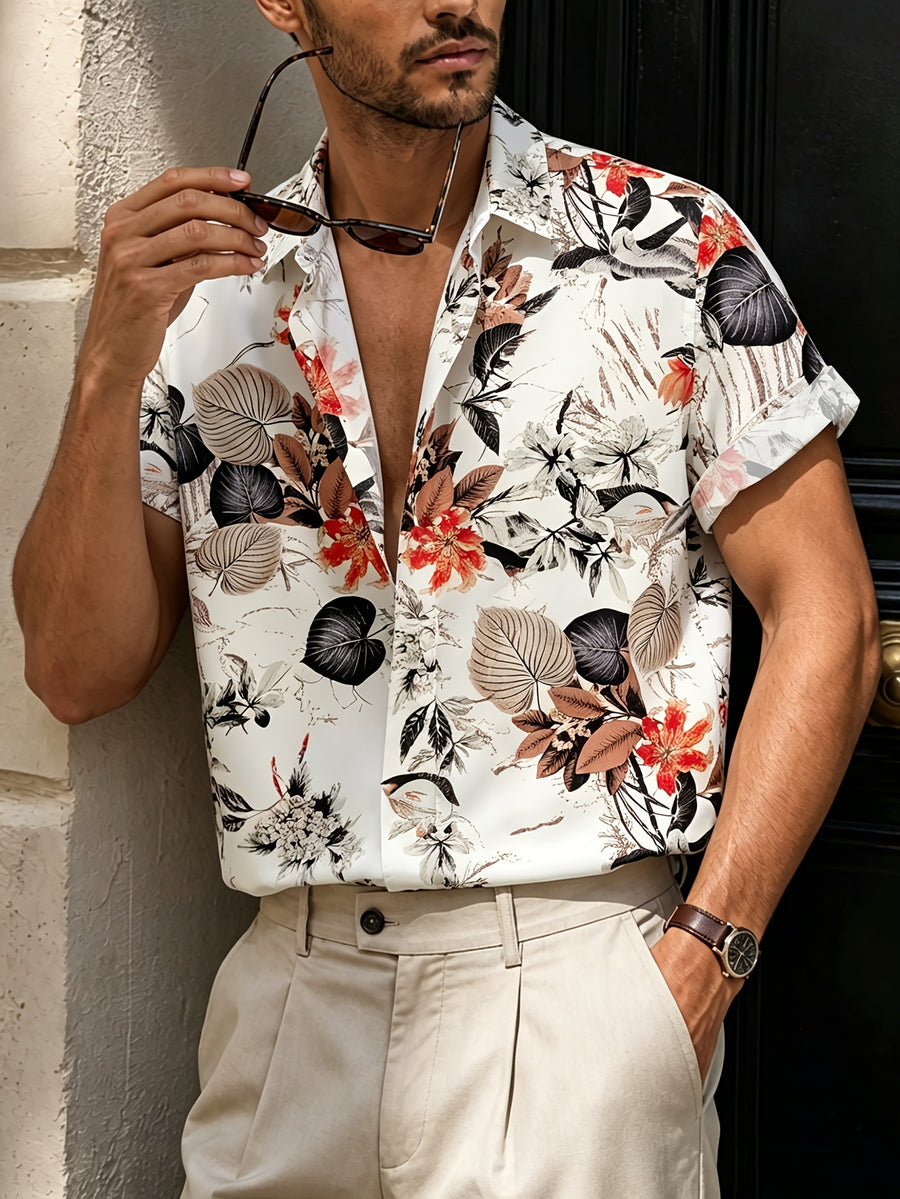 Men's Neutral Vintage Tropical Leaf Floral Short Sleeve Shirt, Cool Wrinkle Resistant Quick Dry Fabric, Lightweight Breathable Casual Top for Summer Coastal, Holiday & Daily Street Wear, Gifts for Men - Off-white