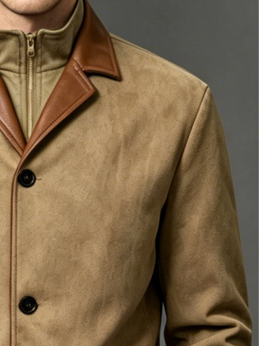 Men'S Retro Color-Block Lapel Jacket, Contrast Trim 3-Button Double Pocket Coat, Business Casual All-Season Outerwear (Free Gloves) P - Khaki