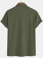 [Textured Corduroy] Men'S Short-Sleeved Shirt Double Pocket Loose Slimming Commuter Jacket - Green