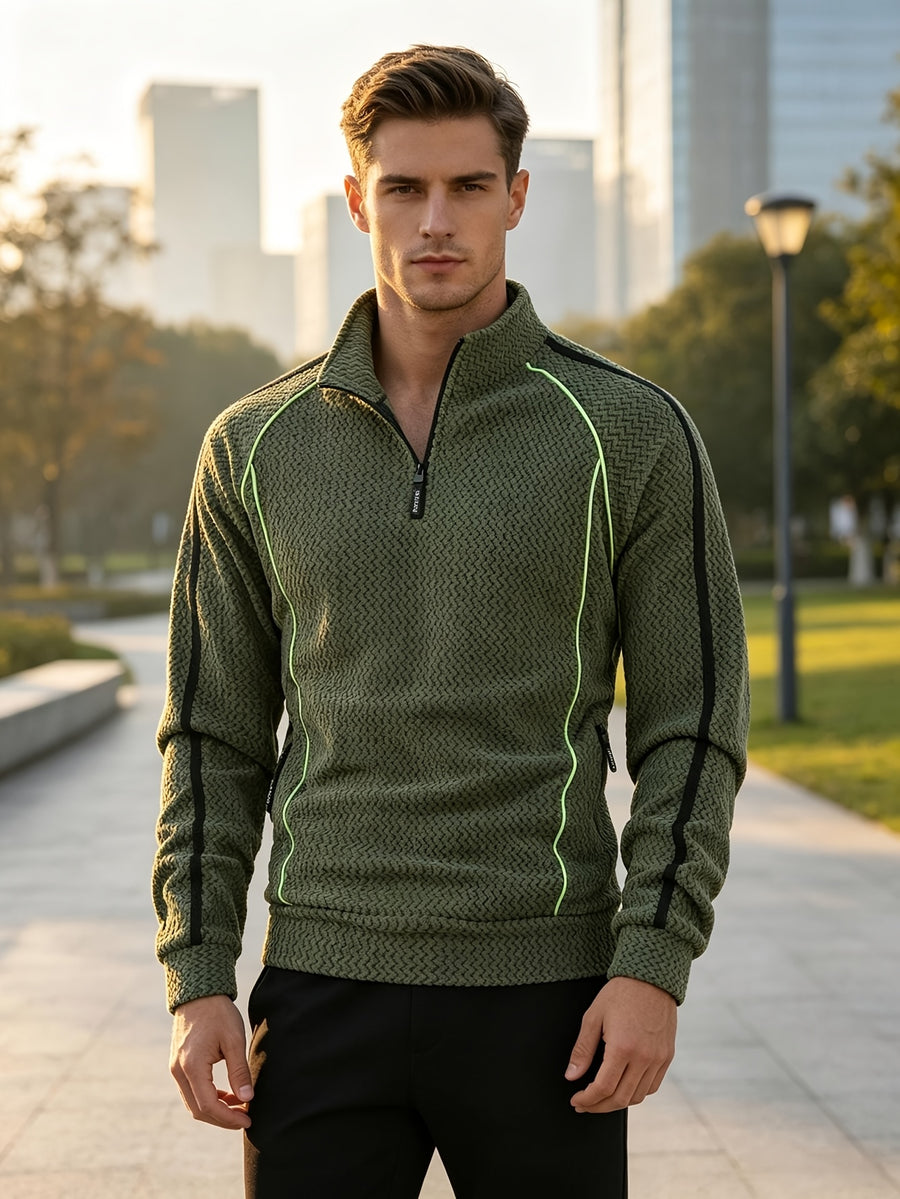 Men's Casual Outdoor Stand-collar Sweater with Half-zipper and Long-sleeved Pullover Style - Olive Green