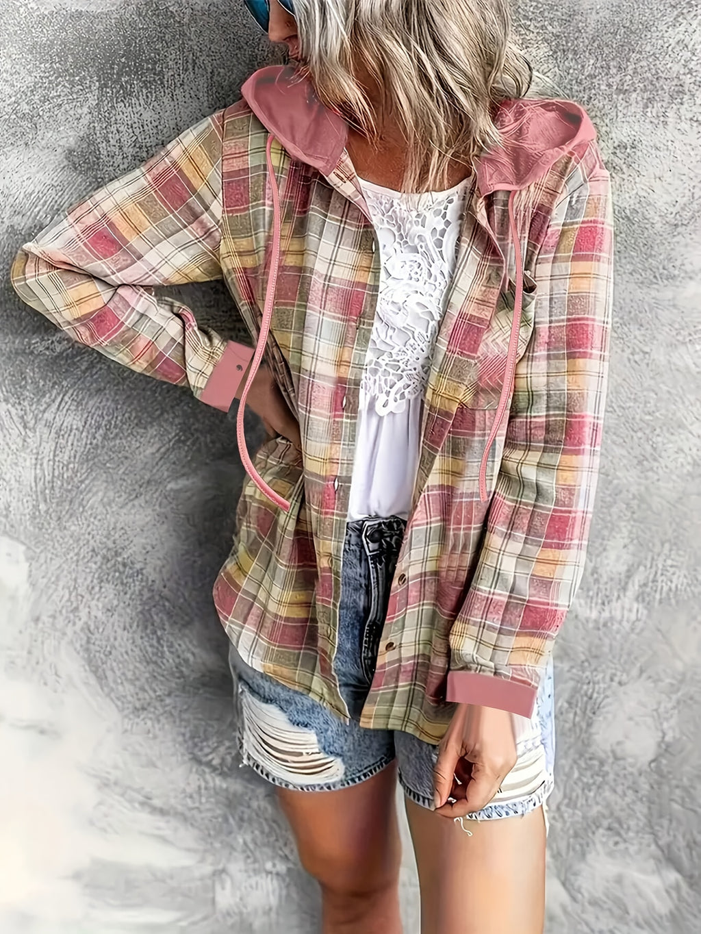 Hooded Plaid Sweatshirt - Multicolor