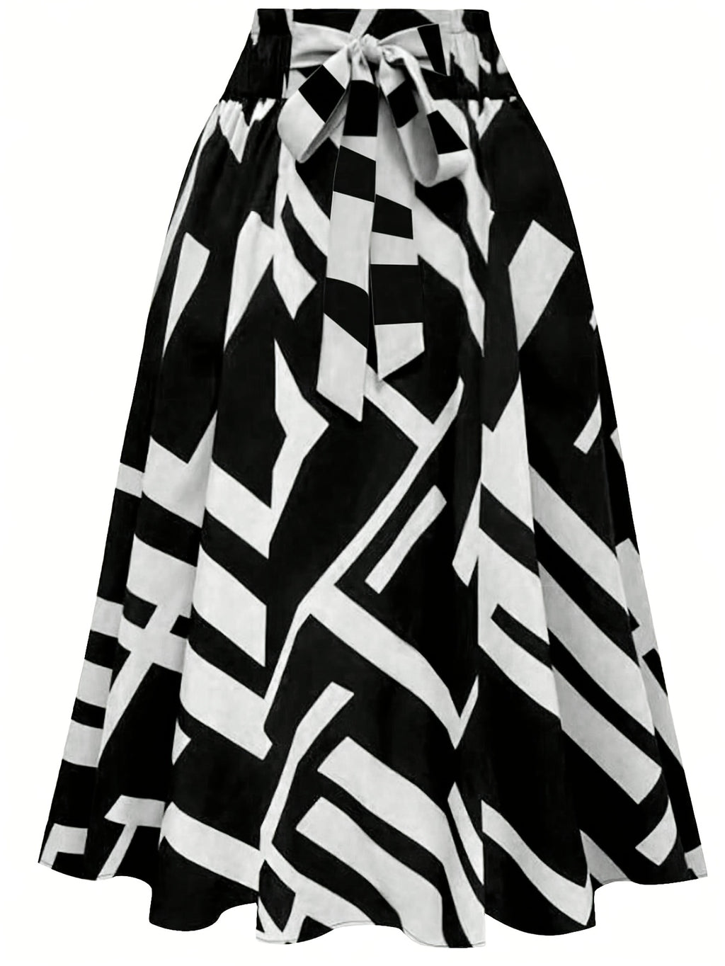 Hot Women's Trendy Fashion Color Block Casual Printed Waist-Tie Bow Elegant Versatile Commuter Style A-Line Skirt - Black