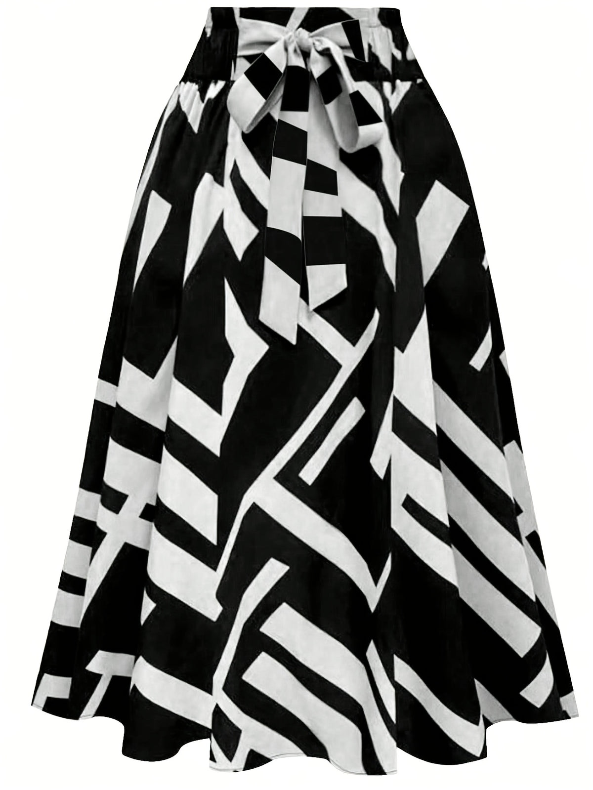 Hot Women's Trendy Fashion Color Block Casual Printed Waist-Tie Bow Elegant Versatile Commuter Style A-Line Skirt - Black
